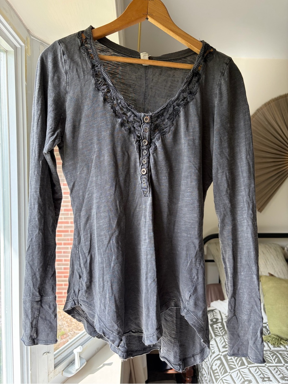 Free People Casual Long-Sleeve Henley Top in Charcoal Gray